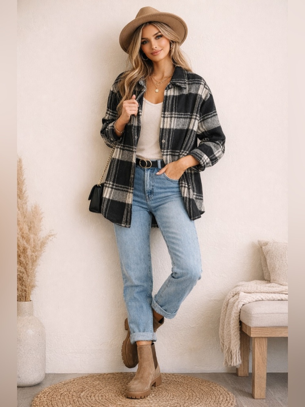 Steve Madden Plaid Shacket Jacket Black Ivory XS Button Front NWT